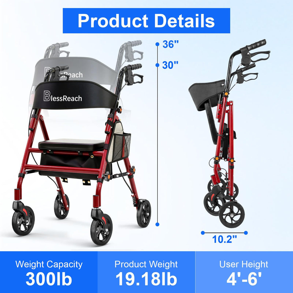 Lightweight Foldable Rollator Walker with Seat C1711