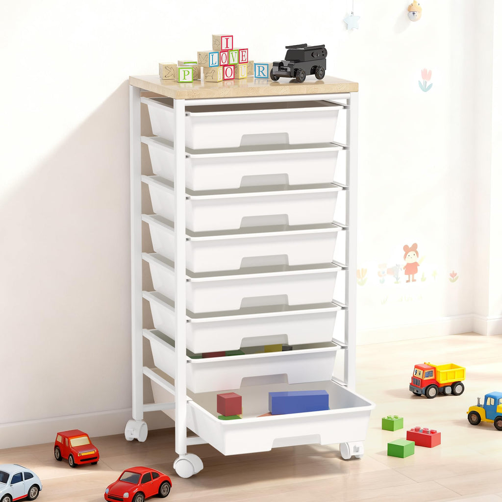 8 Drawer Rolling Storage Cart with Wooden Tabletop R452876