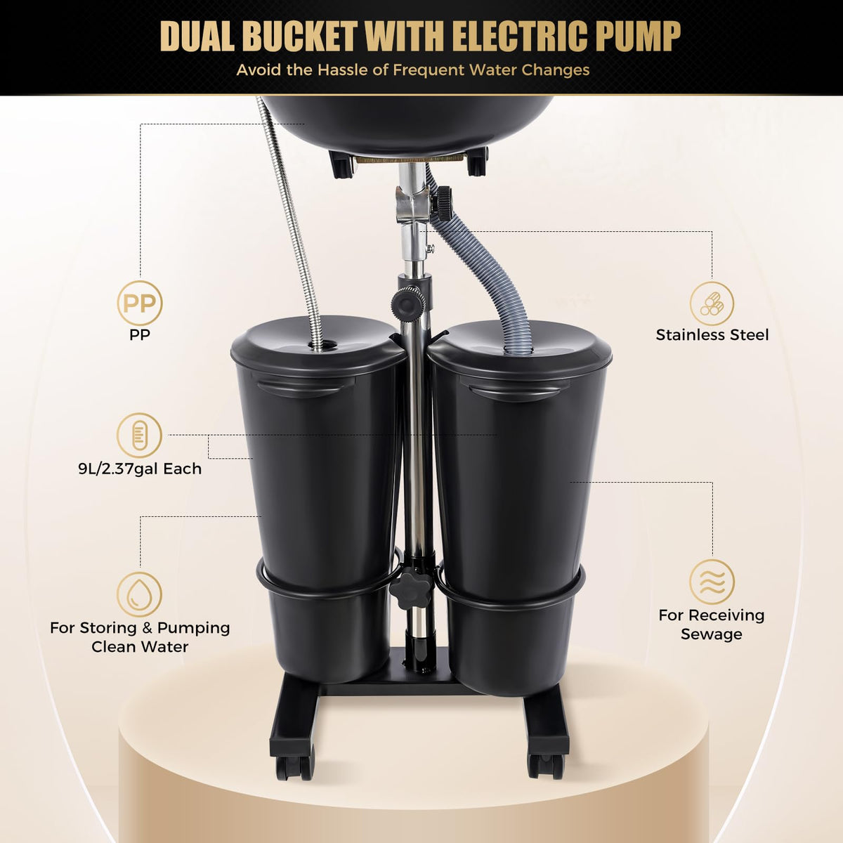Portable Shampoo Bowl Electric Pump 2 Buckets Height Adjustable Y577