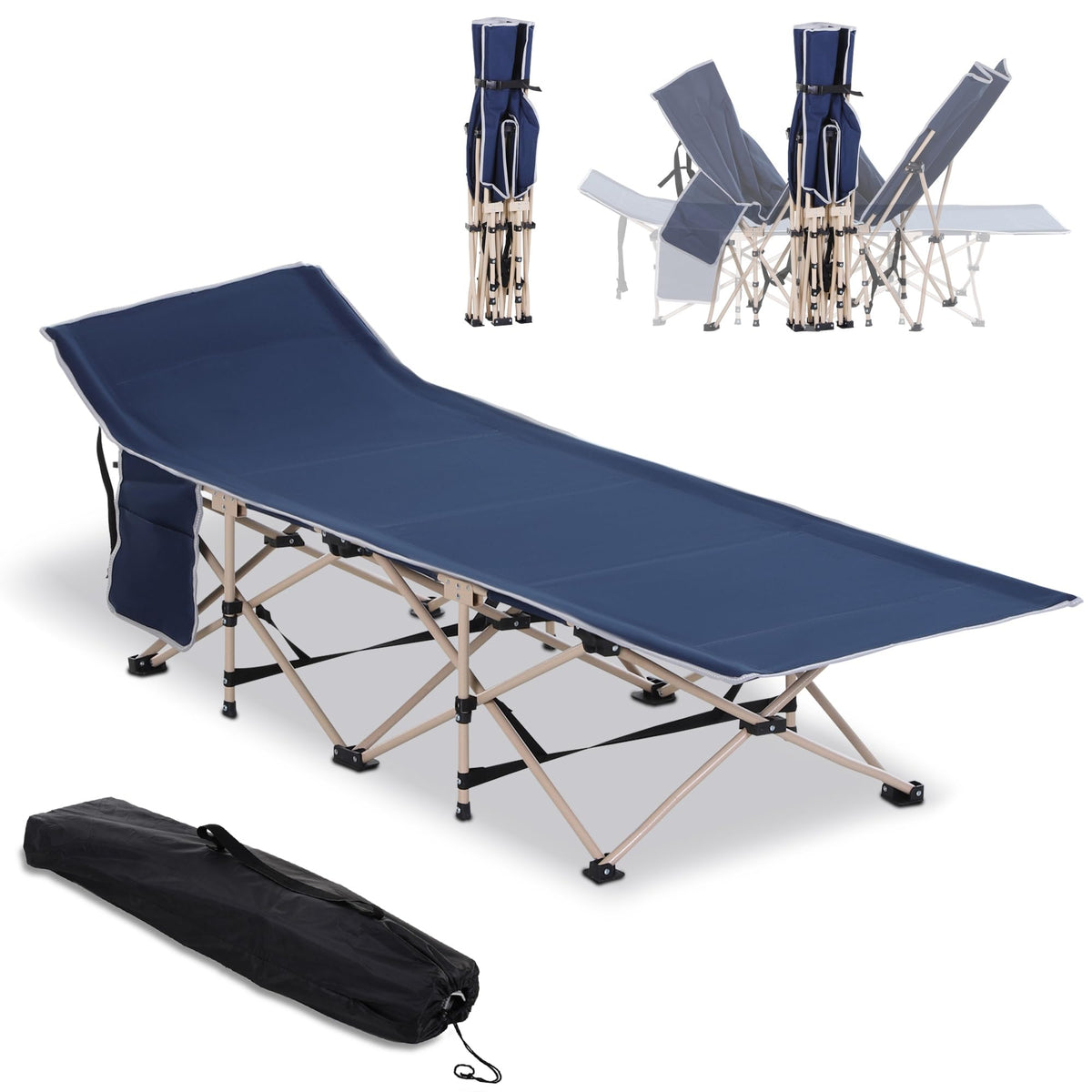 Folding Camping Cot with Carry Bag, Side Pocket, Blue D353850