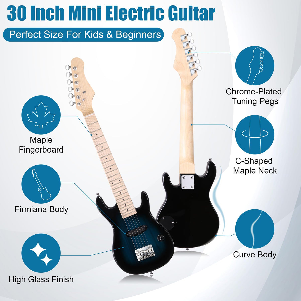 30 Inch Blue Solid Wood Electric Guitar Starter Kit with Amplifier P5123