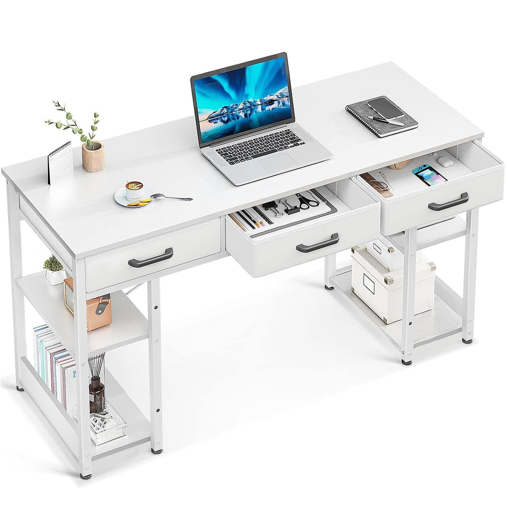 White 48" Computer Desk with Fabric Drawers and Storage Shelves K392