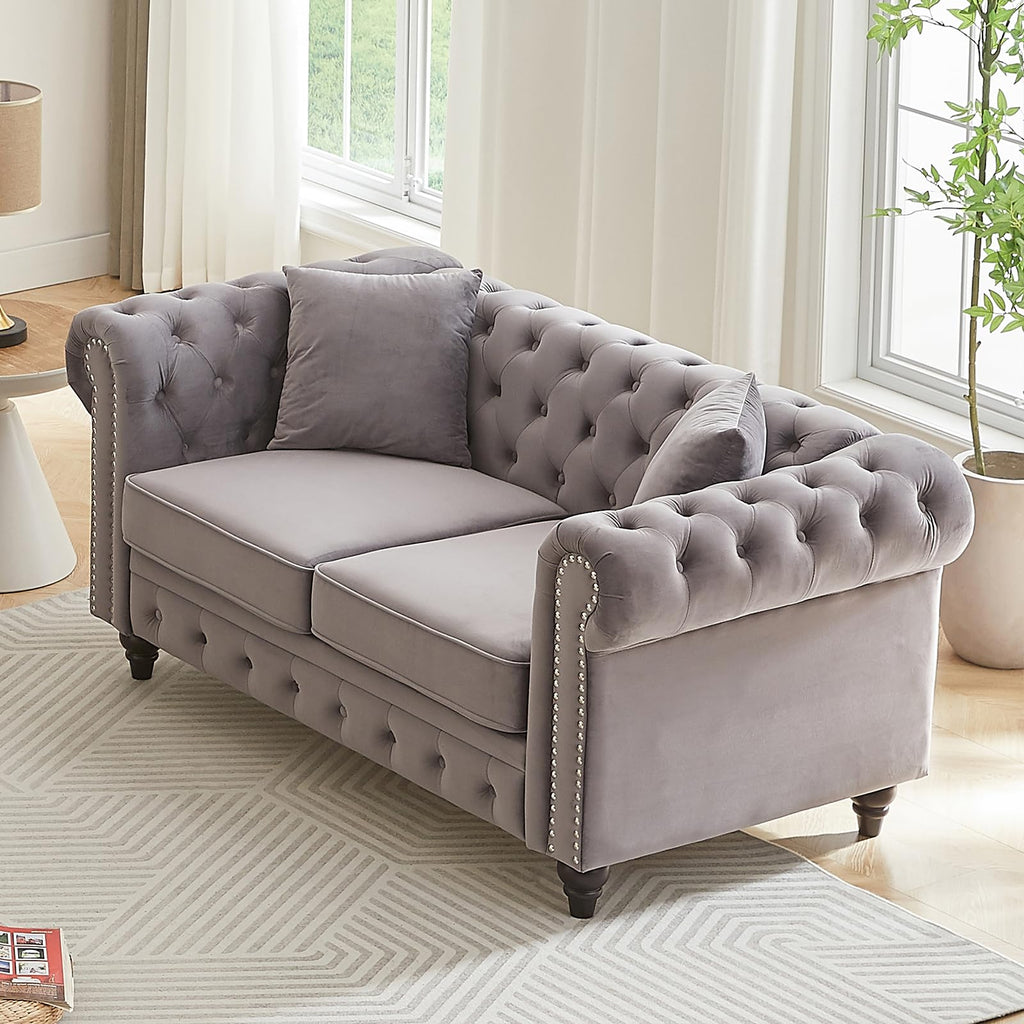 Light Grey Velvet Button Tufted Loveseat Sofa R416