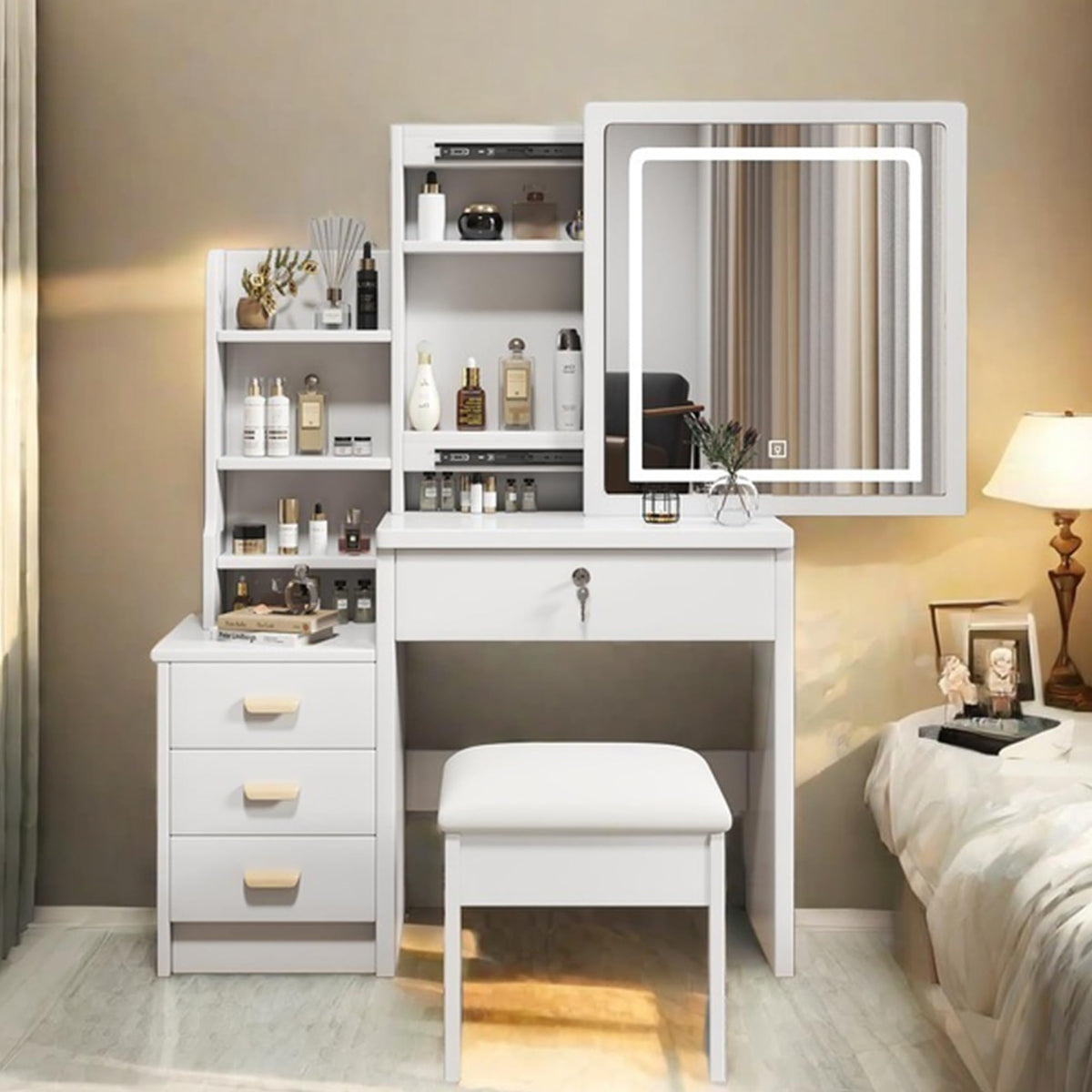 White 4 Drawer Vanity Desk Set with Mirror X766837