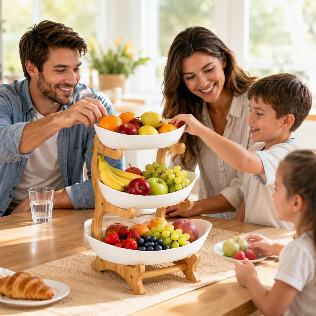 3-Tier Plastic Fruit Bowl Basket with Bamboo Stand R752
