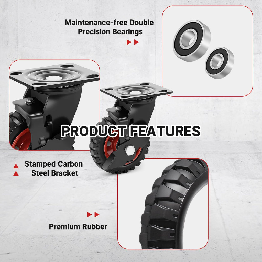 5 Inch Heavy Duty Rubber Casters Set of 4 with Brake S1290