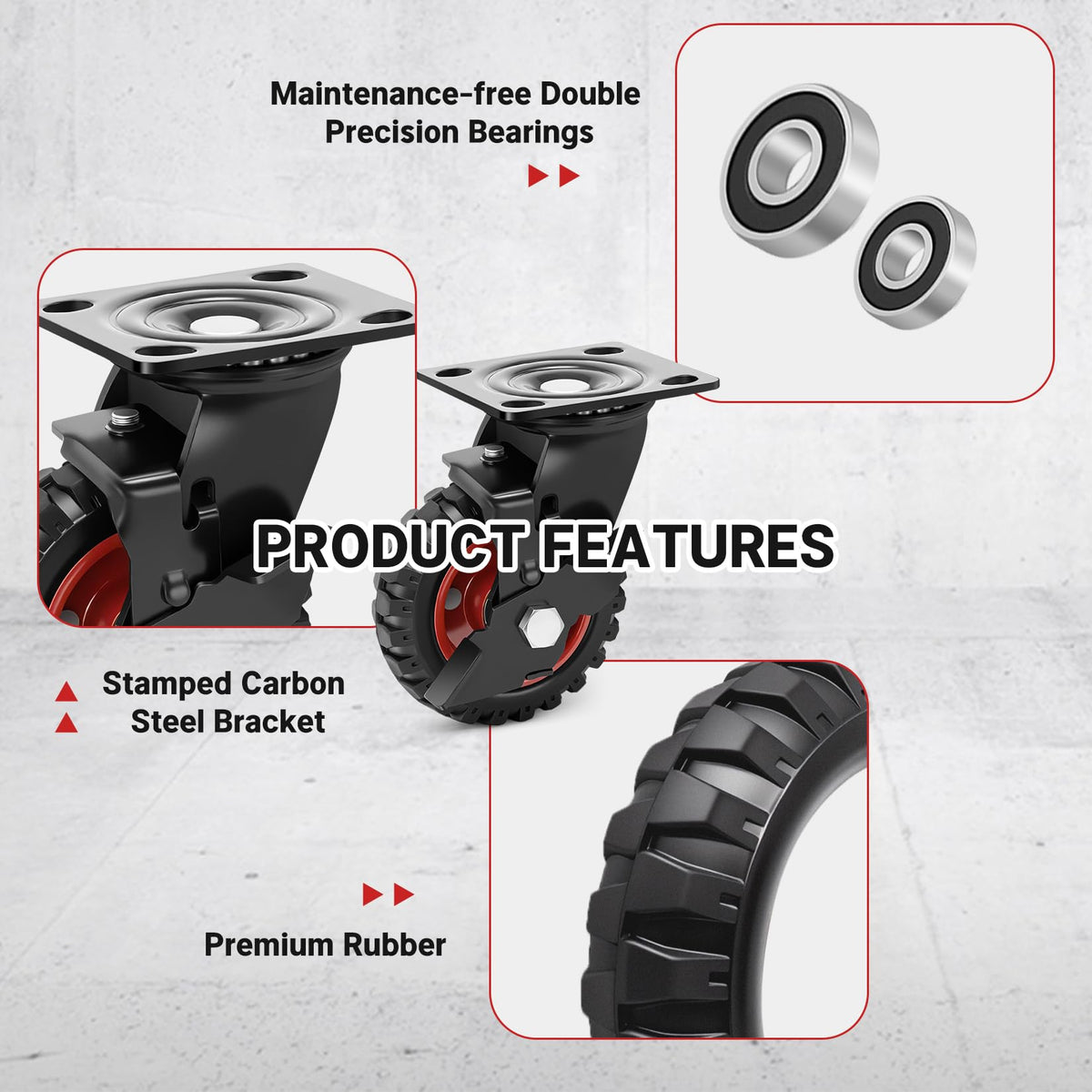 5 Inch Heavy Duty Rubber Casters Set of 4 with Brake S1290