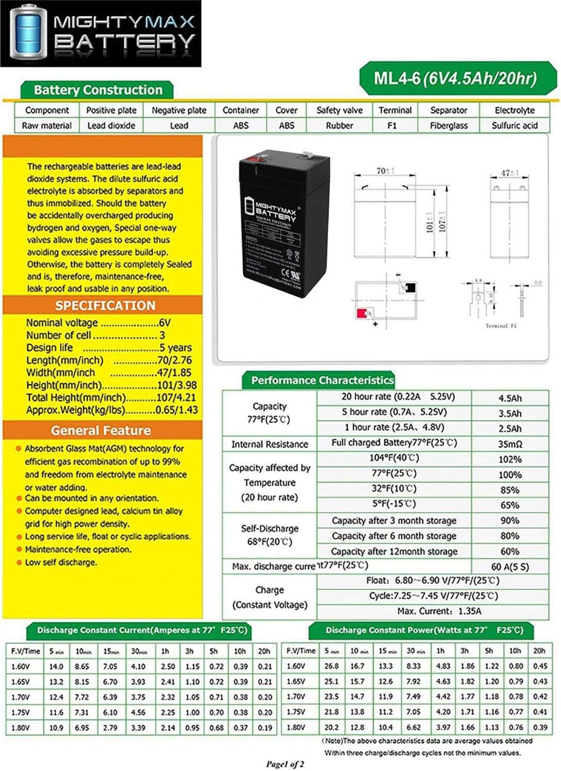 6V 4.5AH SLA Battery U3428