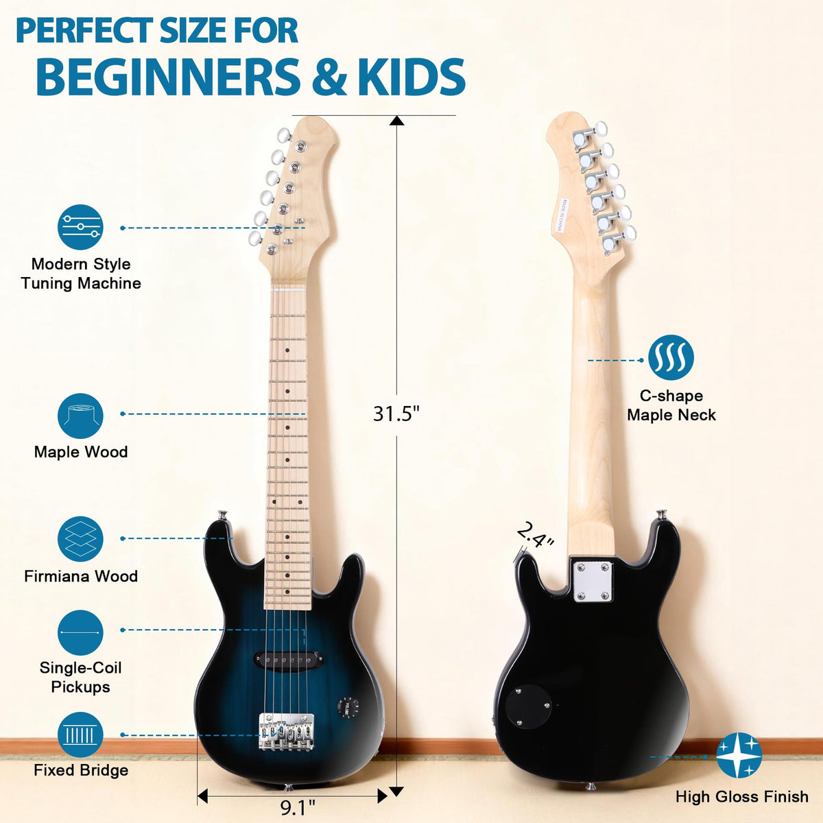 30 Inch Blue Solid Wood Electric Guitar Starter Kit with Amplifier P5123
