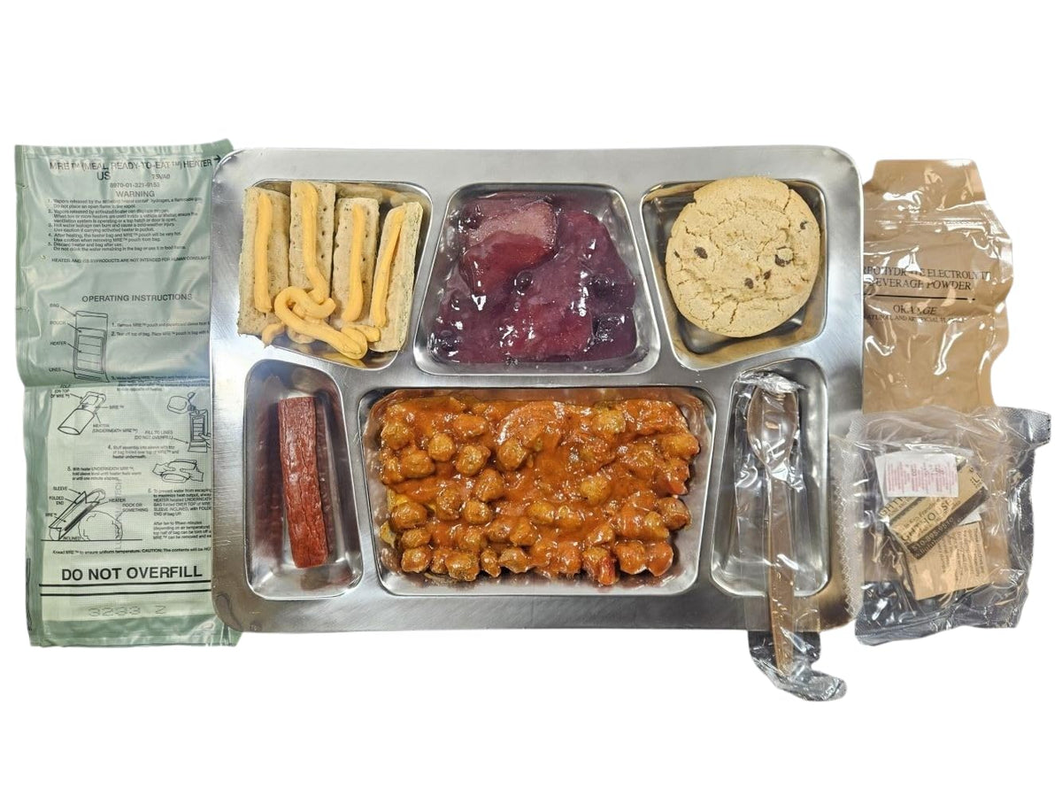 MRE Meal Ready to Eat with Entree Snacks Dessert Drink Mix Utensils Condiments Q7544
