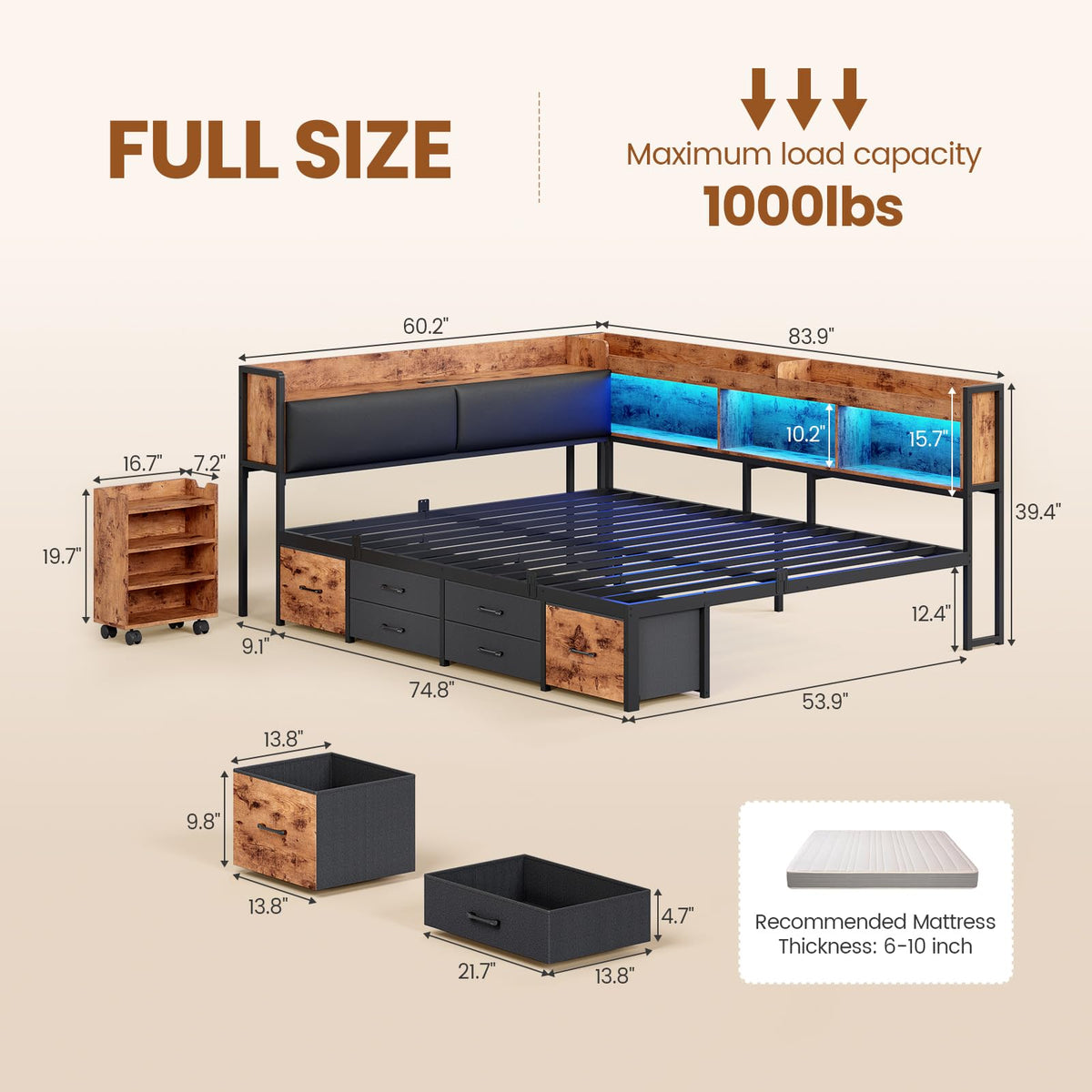 Full Corner Bed Frame with Bookcase Hidden Storage Pull-Out Cabinet Charging Station I233000
