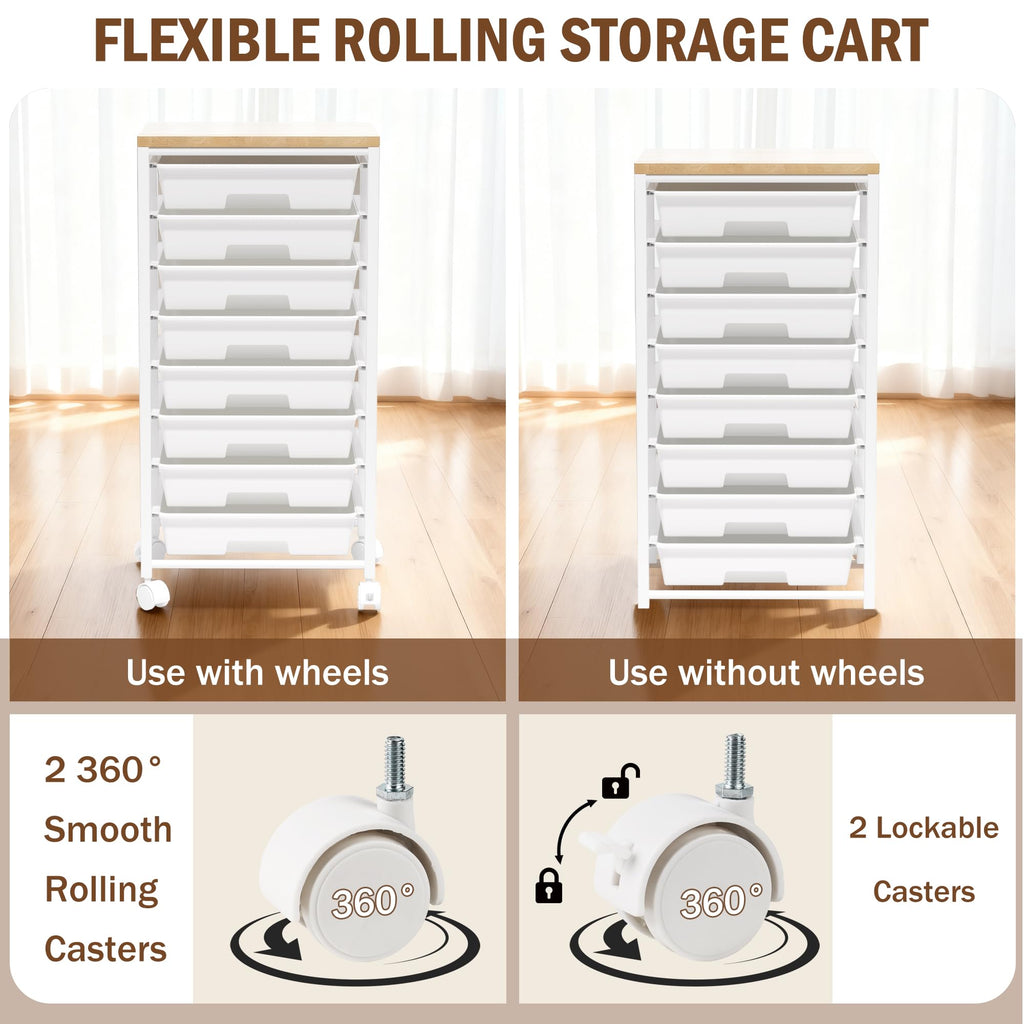 8 Drawer Rolling Storage Cart with Wooden Tabletop R452876