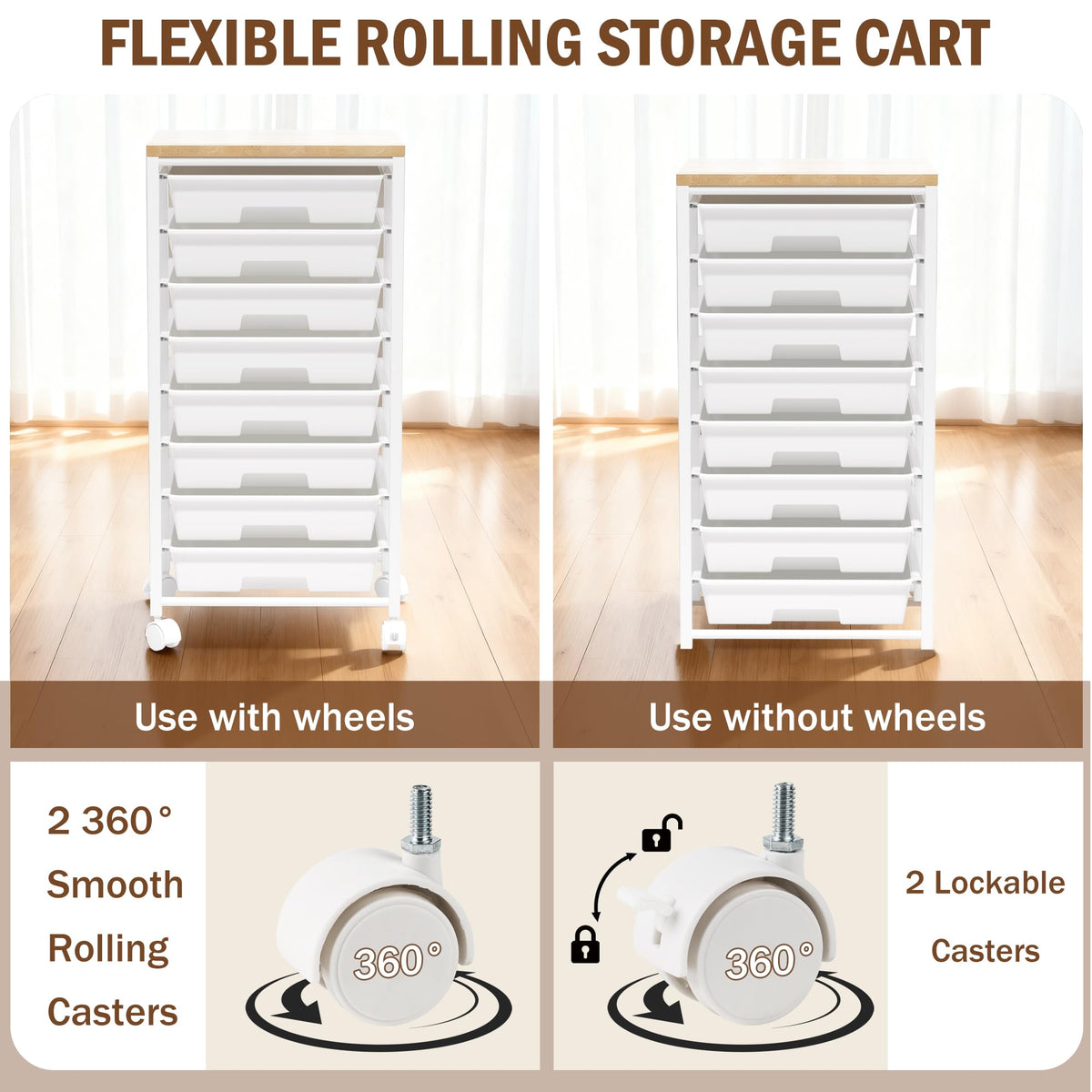 8 Drawer Rolling Storage Cart with Wooden Tabletop R452876