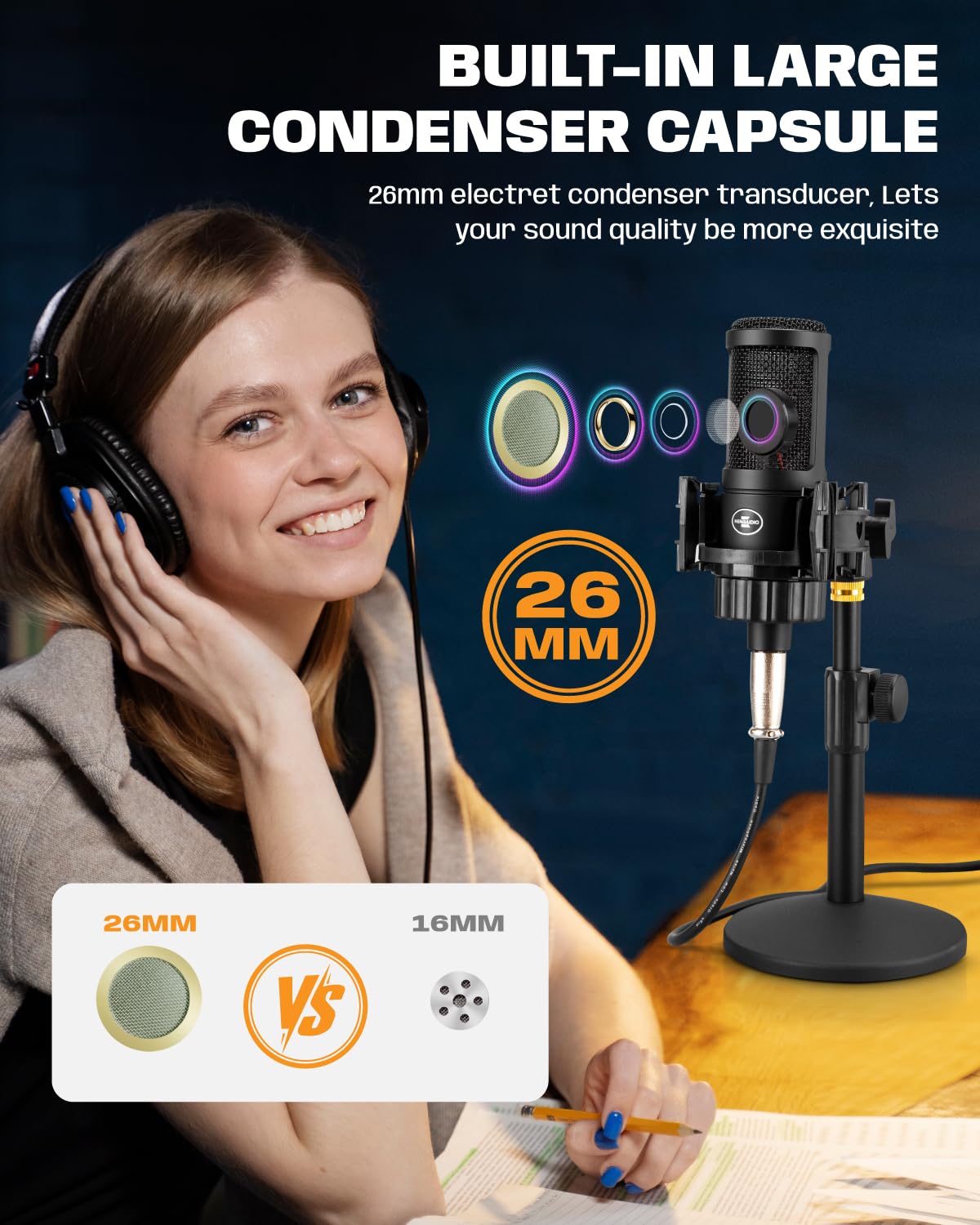 XLR Condenser Microphone with 26mm Large Diaphragm Cardioid Recording Studio Mic Kit W21032