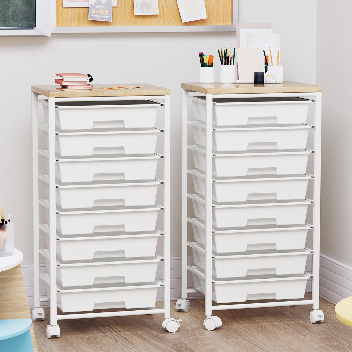 8 Drawer Rolling Storage Cart with Wooden Tabletop R452876