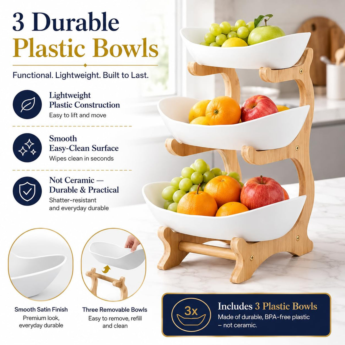3-Tier Plastic Fruit Bowl Basket with Bamboo Stand R752