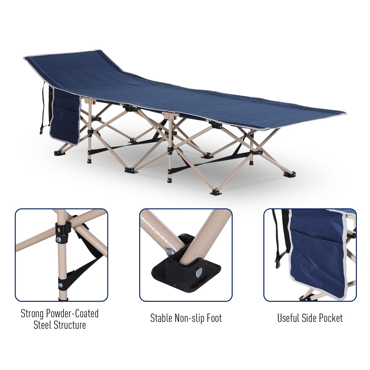 Folding Camping Cot with Carry Bag, Side Pocket, Blue D353850