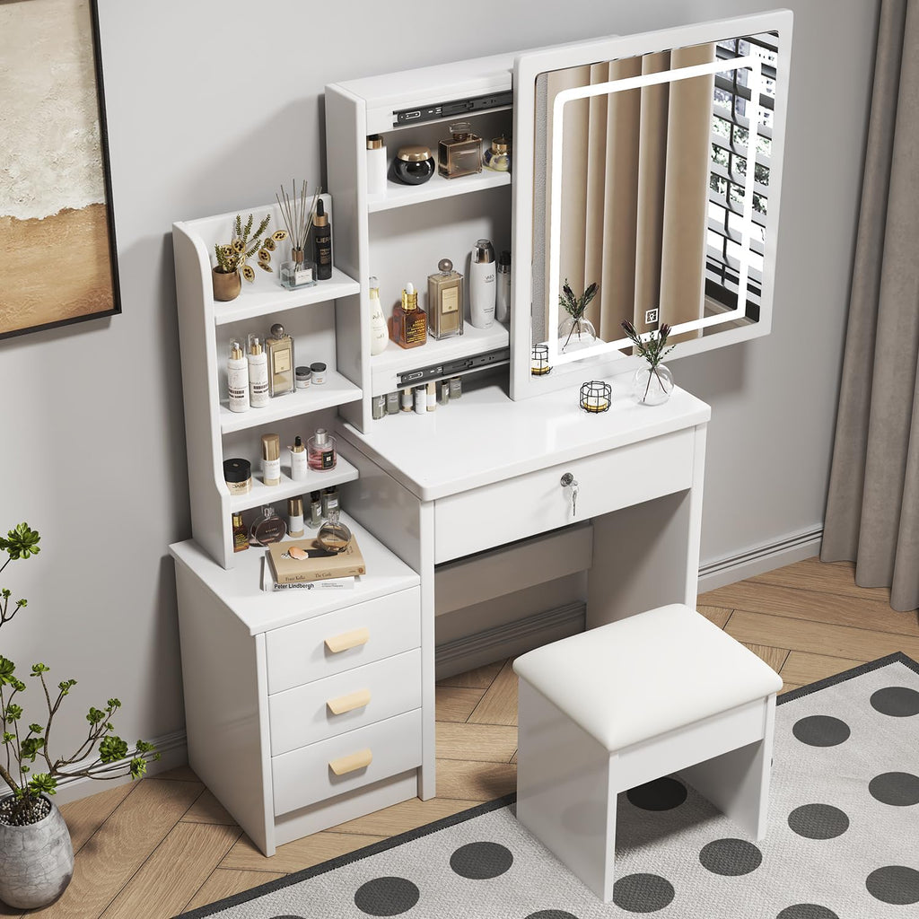 White 4 Drawer Vanity Desk Set with Mirror X766837