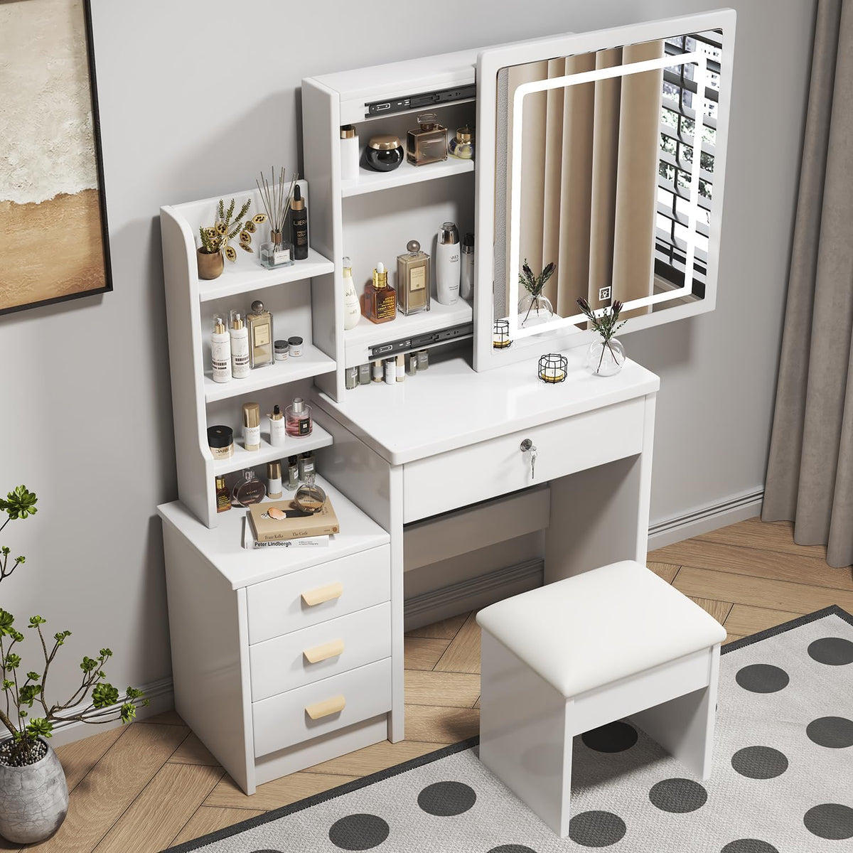 White 4 Drawer Vanity Desk Set with Mirror X766837