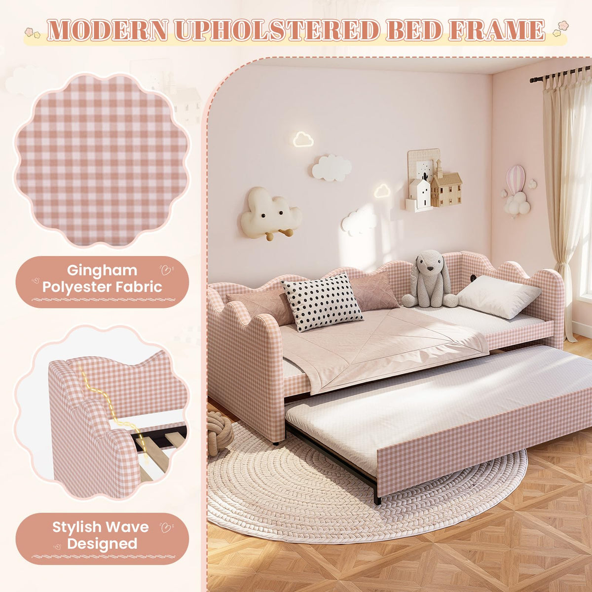 Pink Gingham Twin Size Daybed with Trundle N3673