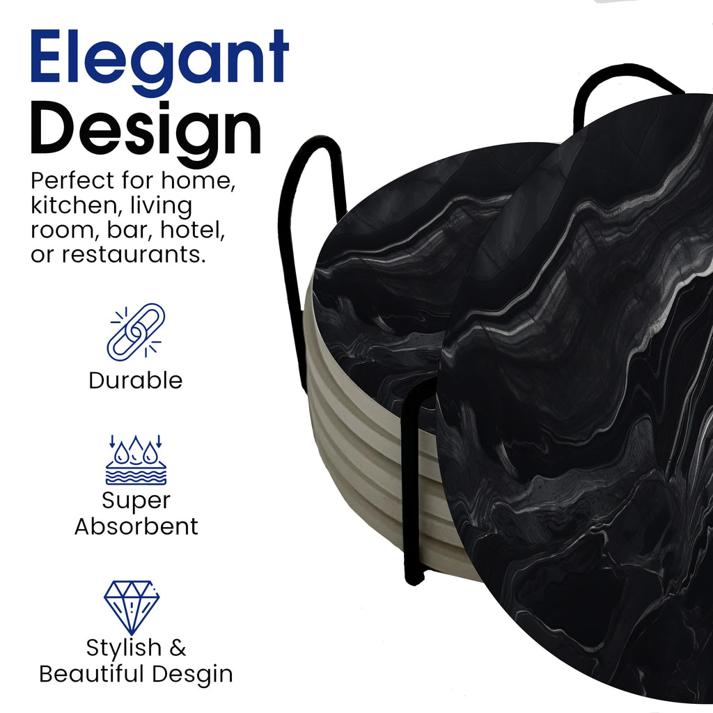 Black Marble Ceramic Coasters Set of 6 with Metal Stand G2429