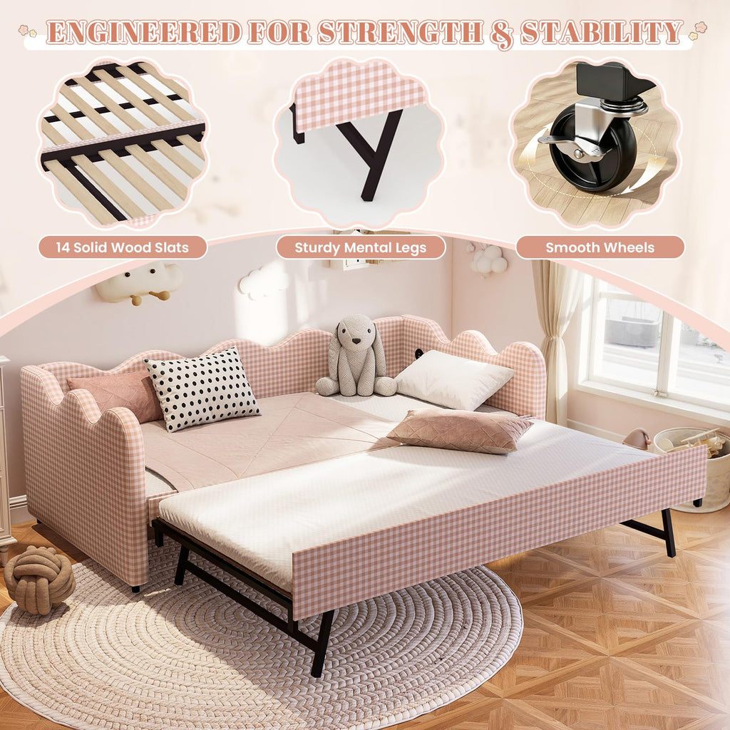 Pink Gingham Twin Size Daybed with Trundle N3673