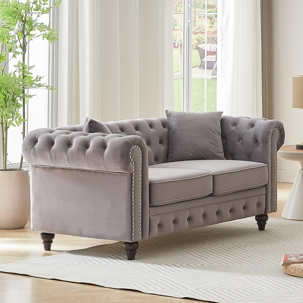 Light Grey Velvet Button Tufted Loveseat Sofa R416