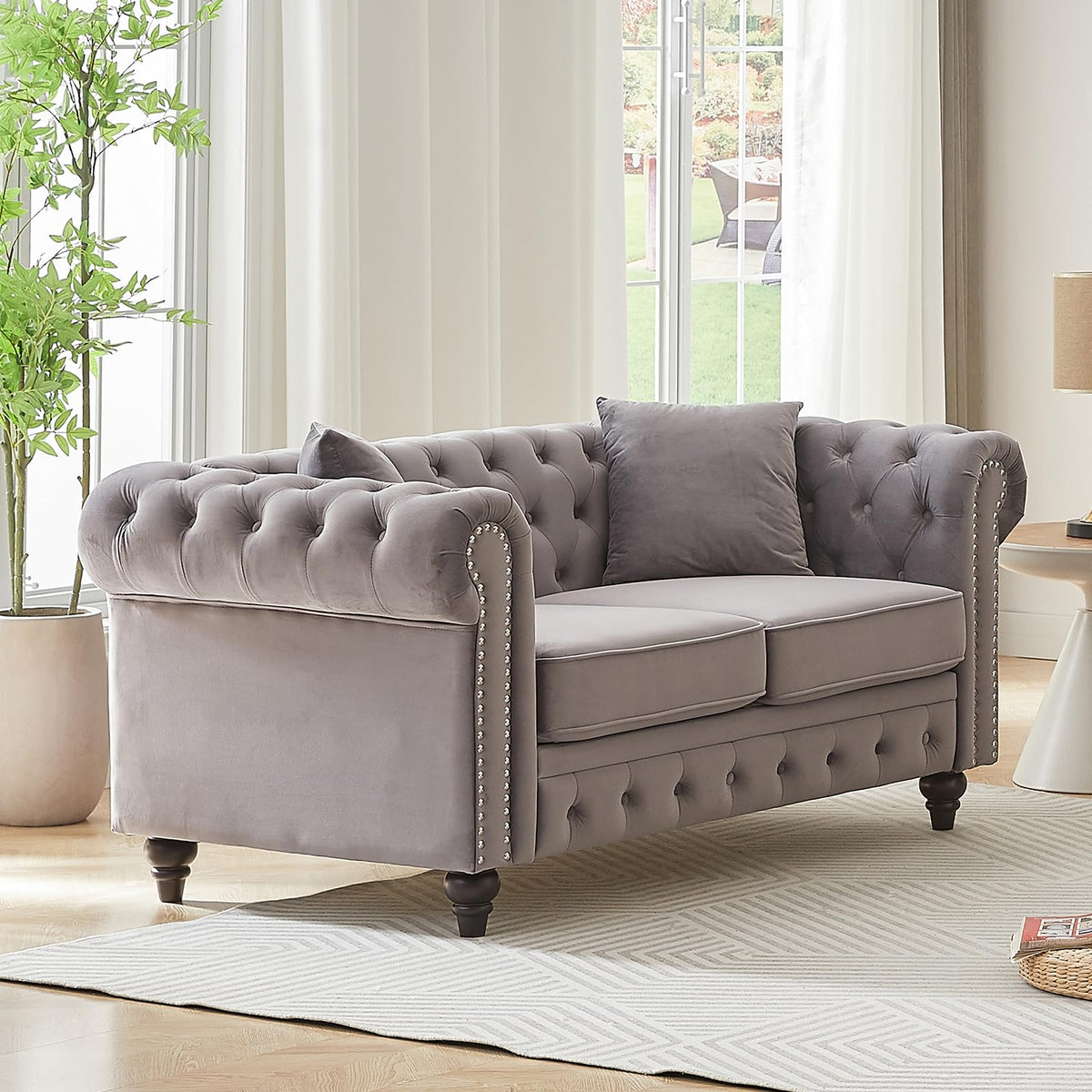 Light Grey Velvet Button Tufted Loveseat Sofa R416