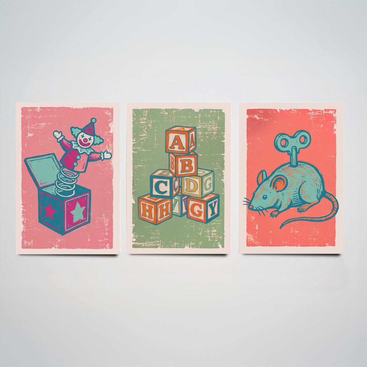 Art Prints Set of 3 Retro Linocut Style J2704