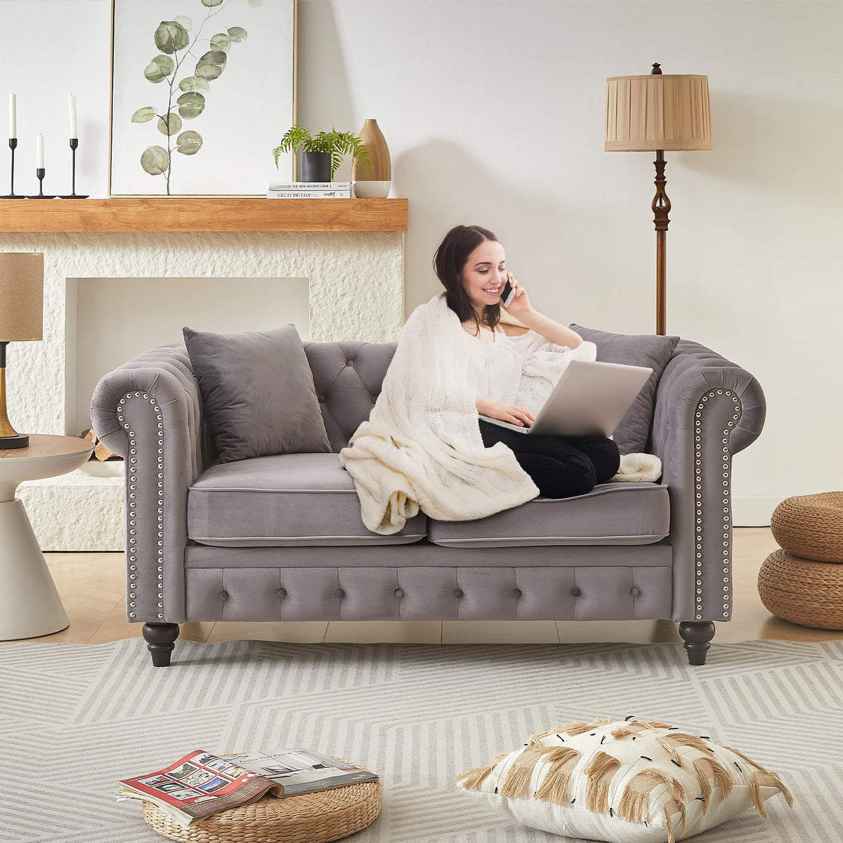 Light Grey Velvet Button Tufted Loveseat Sofa R416