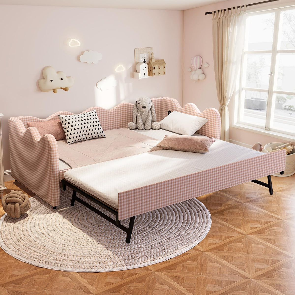 Pink Gingham Twin Size Daybed with Trundle N3673