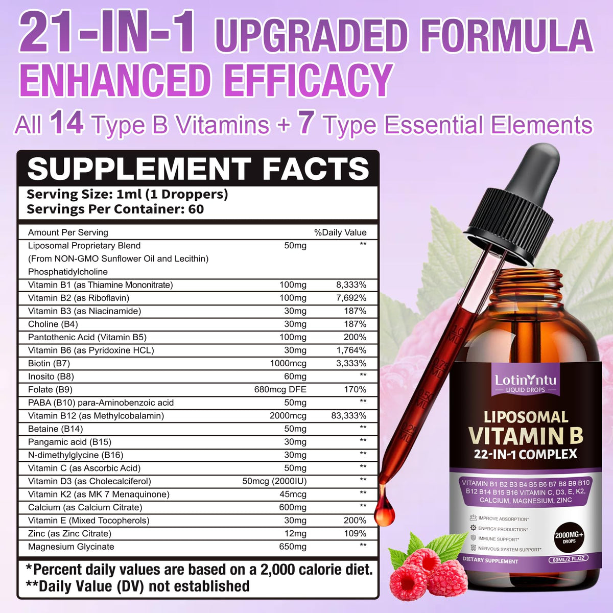 2 Pack 22-in-1 Vitamin B Complex 2000MG Sublingual Liquid Drops N49805