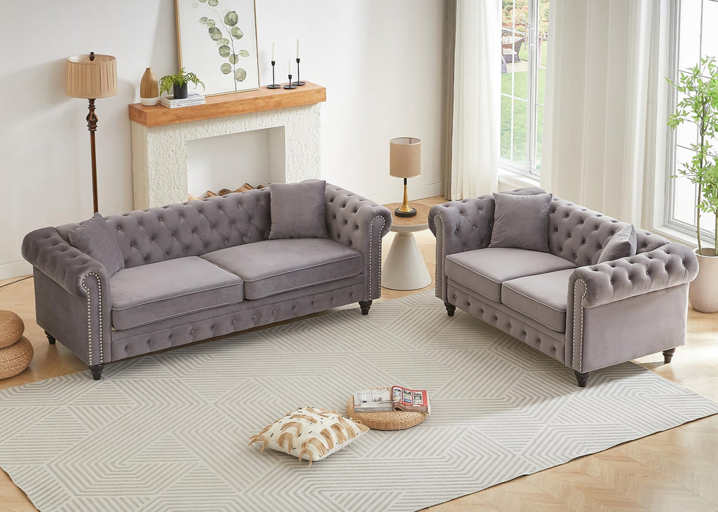 Light Grey Velvet Button Tufted Loveseat Sofa R416