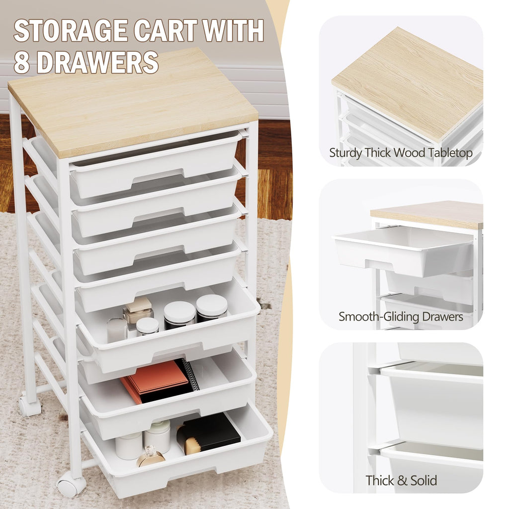 8 Drawer Rolling Storage Cart with Wooden Tabletop R452876