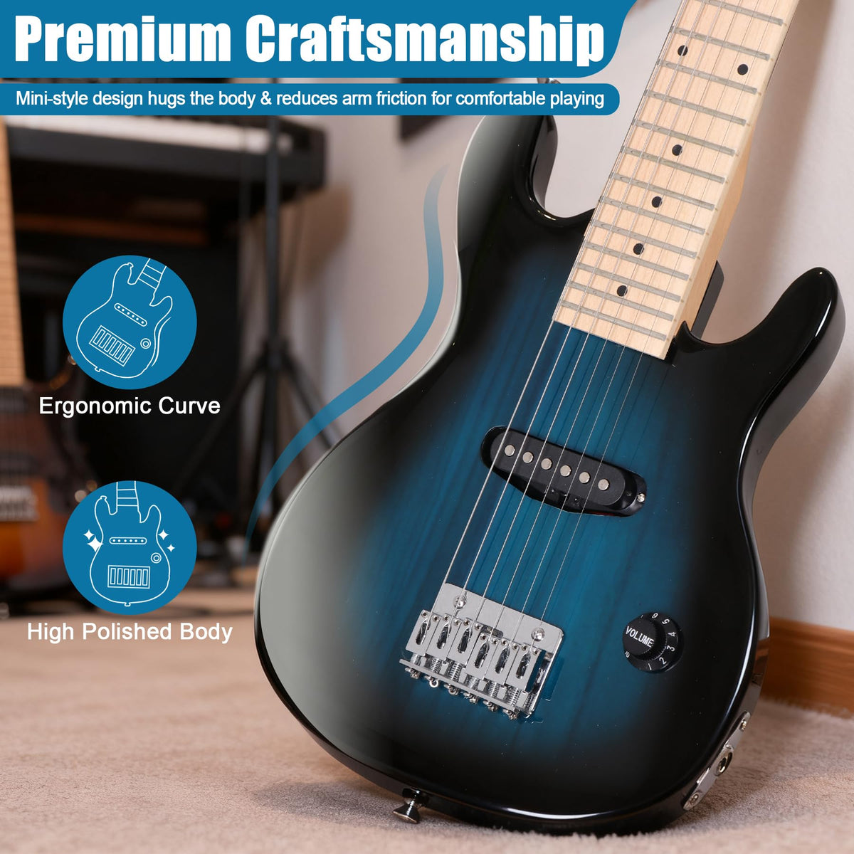 30 Inch Blue Solid Wood Electric Guitar Starter Kit with Amplifier P5123