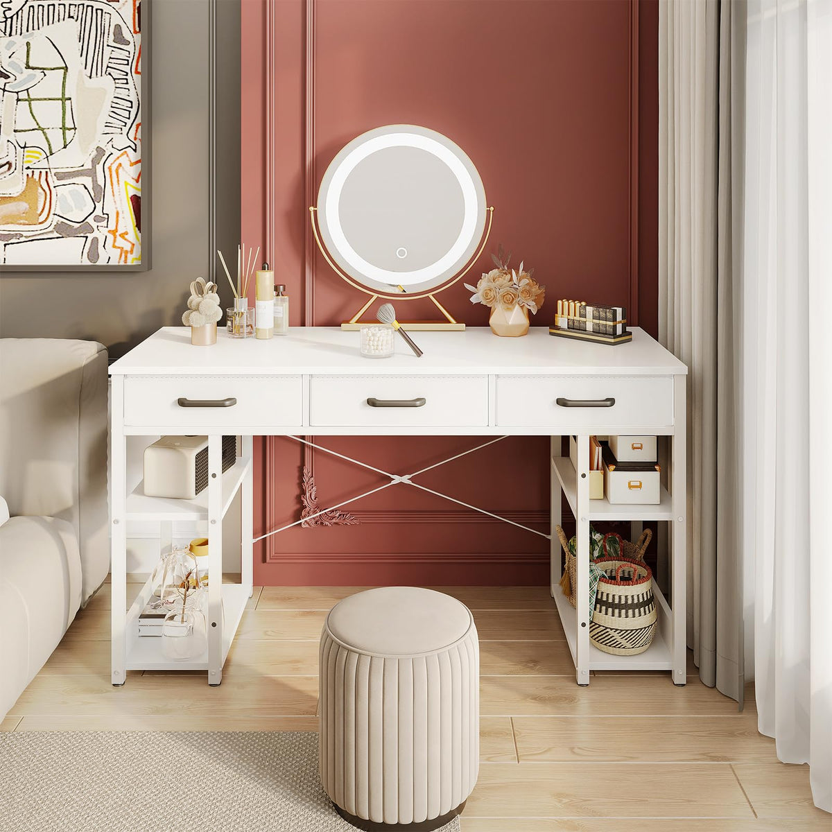 White 48" Computer Desk with Fabric Drawers and Storage Shelves K392