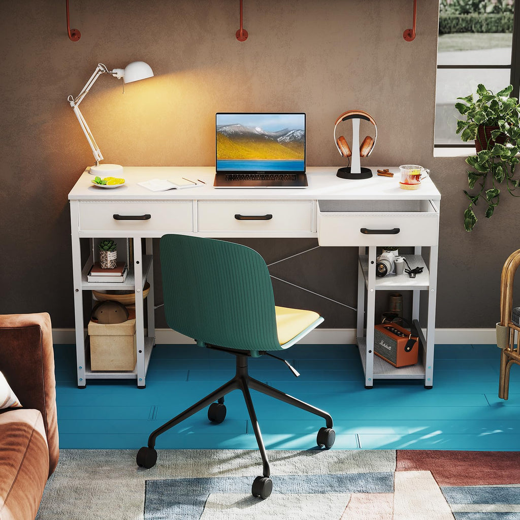 White 48" Computer Desk with Fabric Drawers and Storage Shelves K392