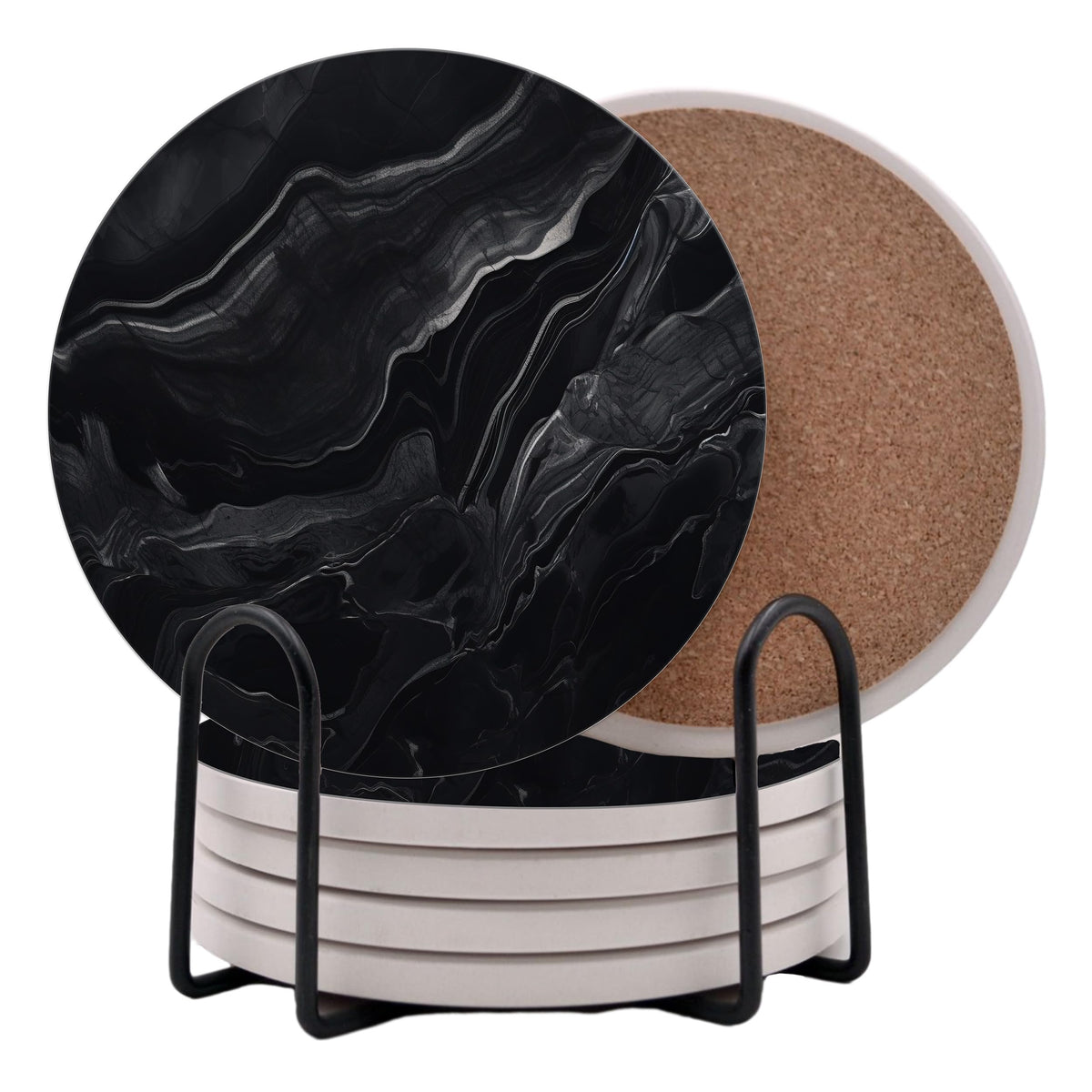 Black Marble Ceramic Coasters Set of 6 with Metal Stand G2429