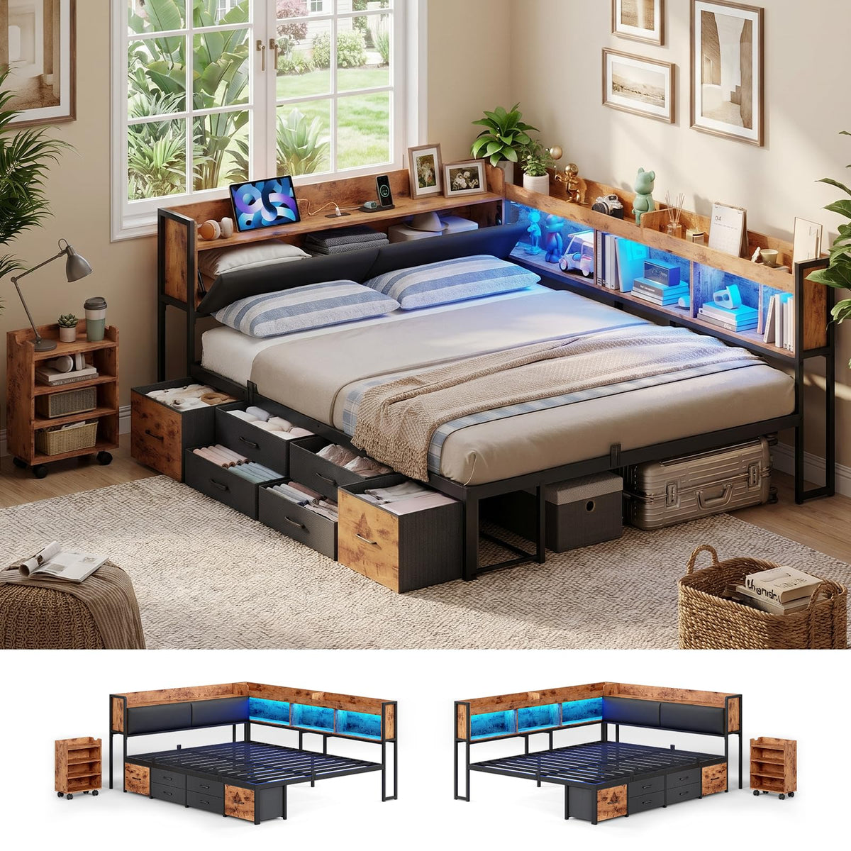 Full Corner Bed Frame with Bookcase Hidden Storage Pull-Out Cabinet Charging Station I233000