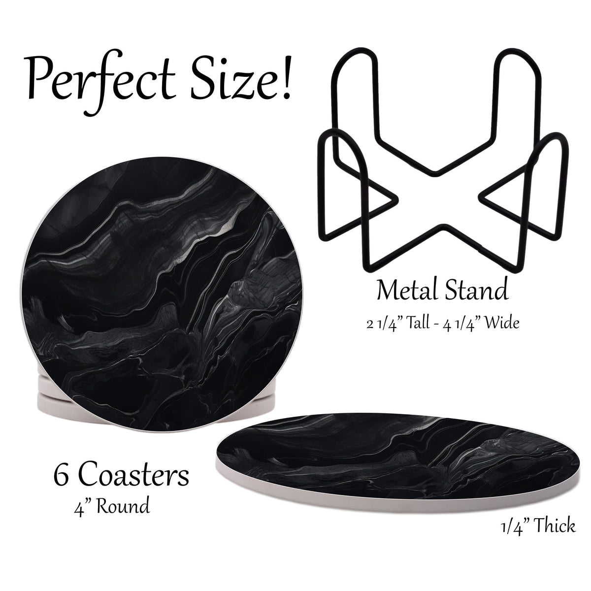 Black Marble Ceramic Coasters Set of 6 with Metal Stand G2429