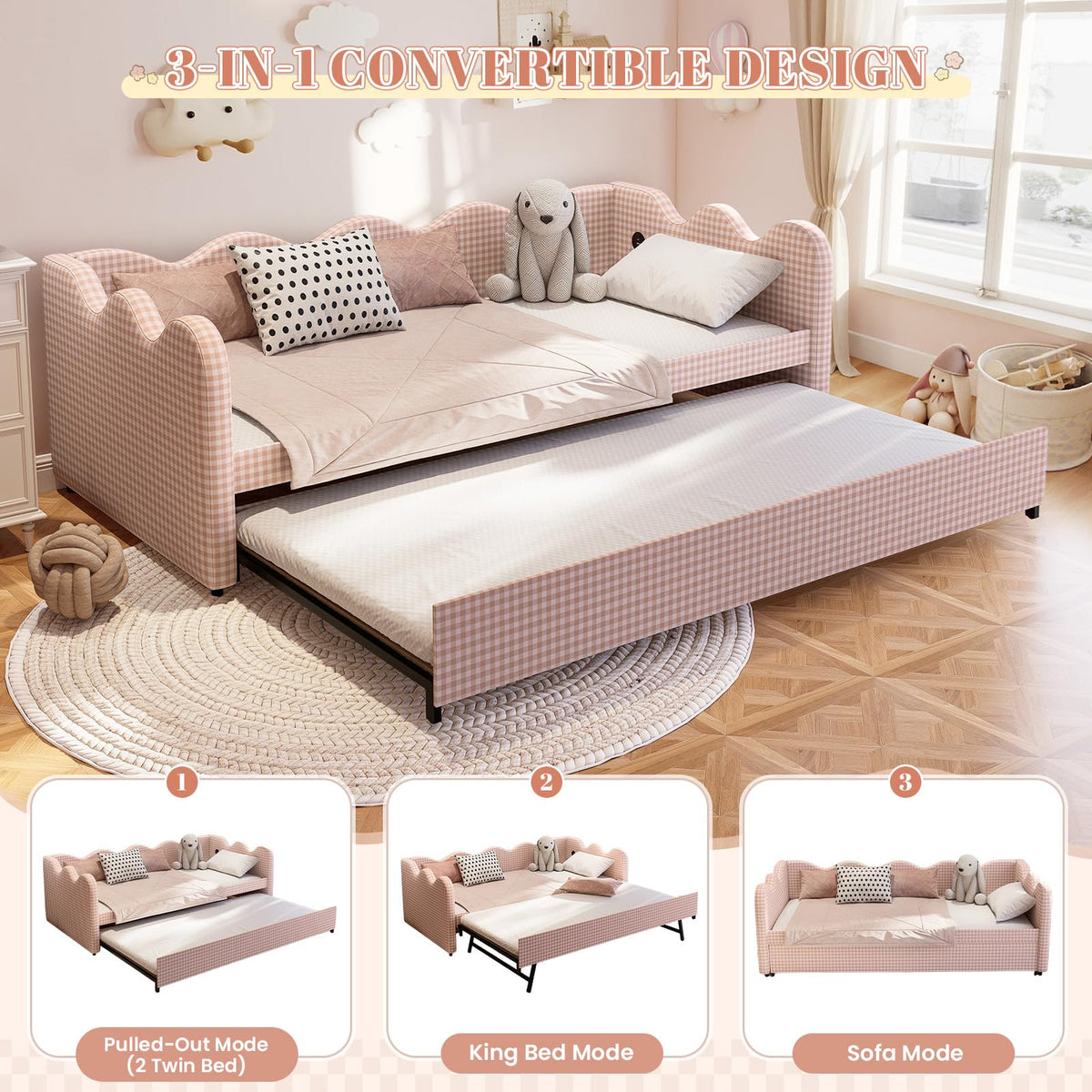 Pink Gingham Twin Size Daybed with Trundle N3673