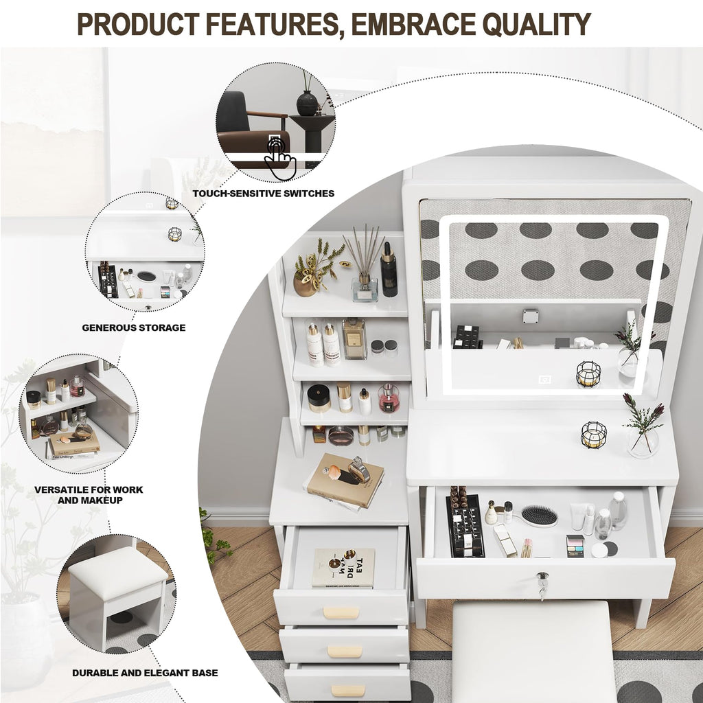 White 4 Drawer Vanity Desk Set with Mirror X766837