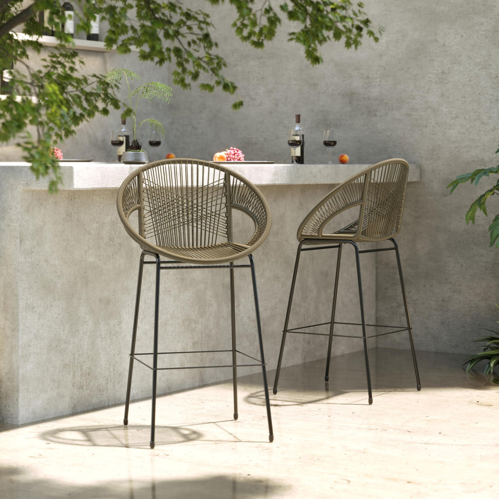 24" Height Metal Legs Faux Wicker Barstool Set of 2 M77396