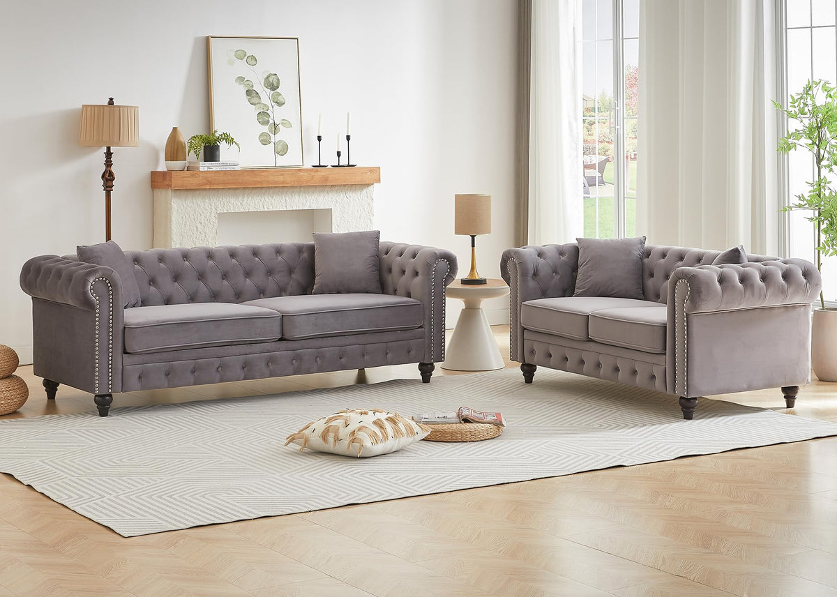 Light Grey Velvet Button Tufted Loveseat Sofa R416