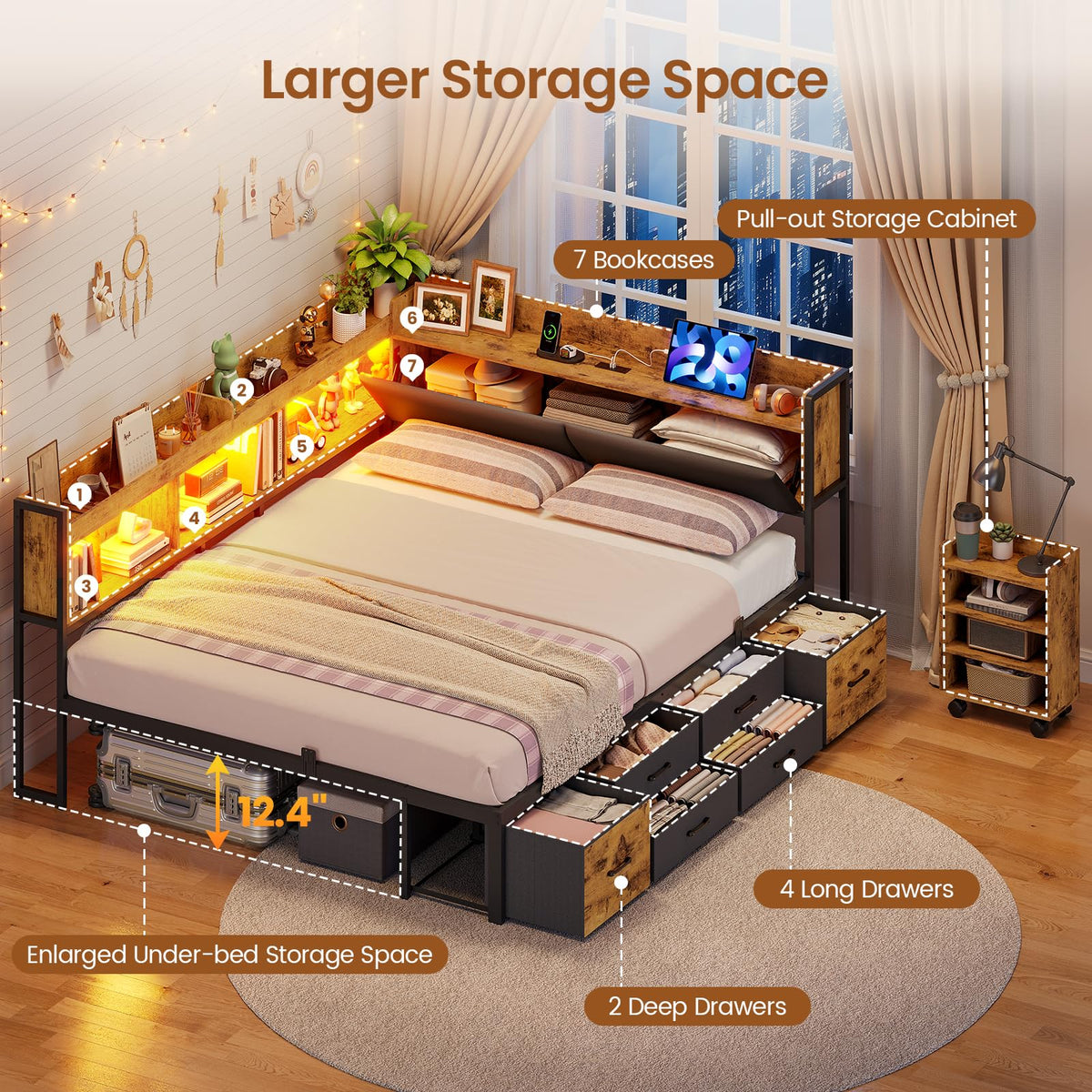 Full Corner Bed Frame with Bookcase Hidden Storage Pull-Out Cabinet Charging Station I233000