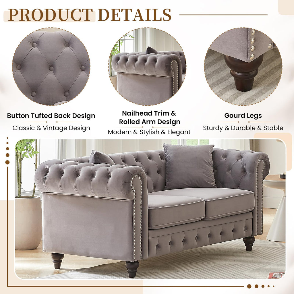 Light Grey Velvet Button Tufted Loveseat Sofa R416