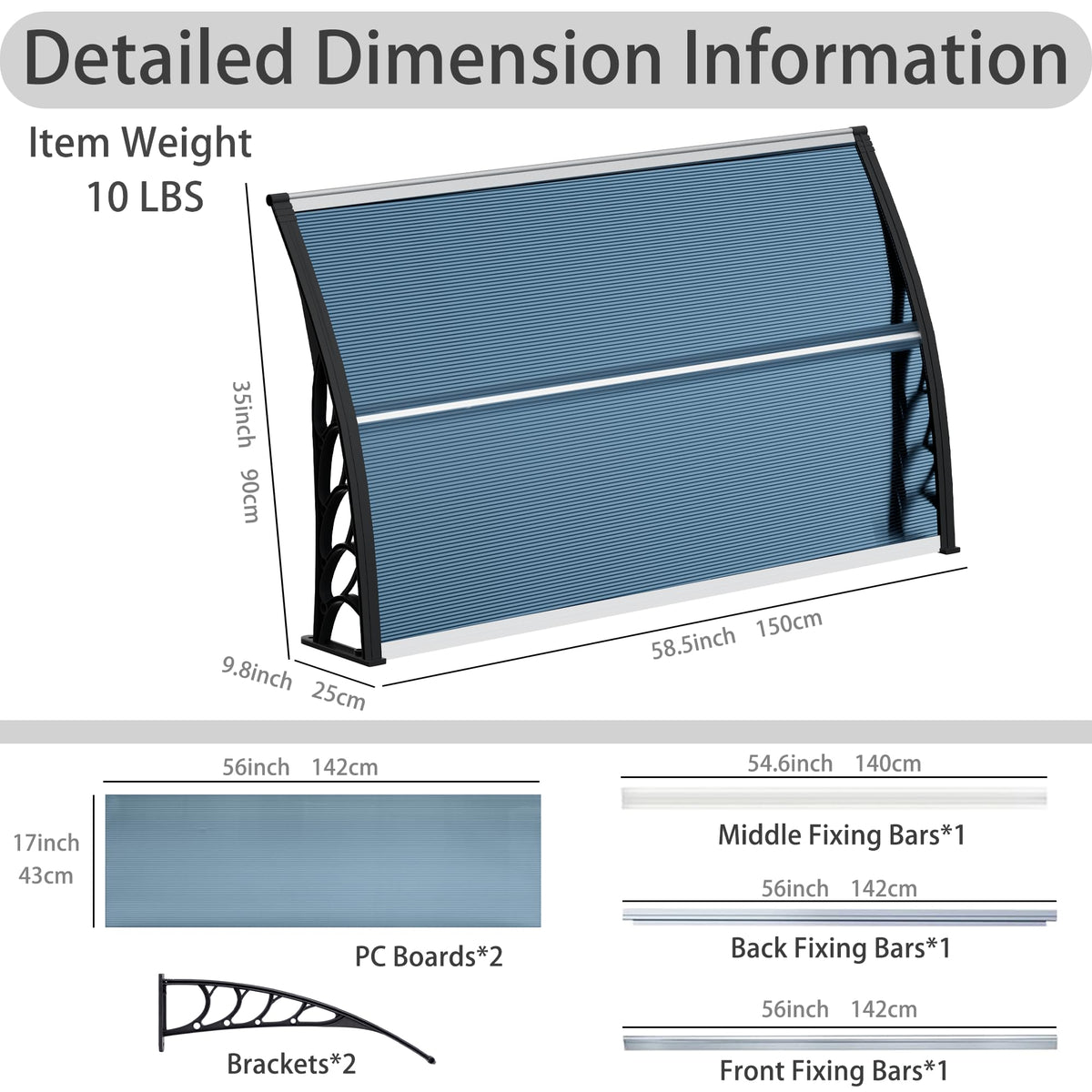58.5x35 Inch Polycarbonate Patio Awning T72002