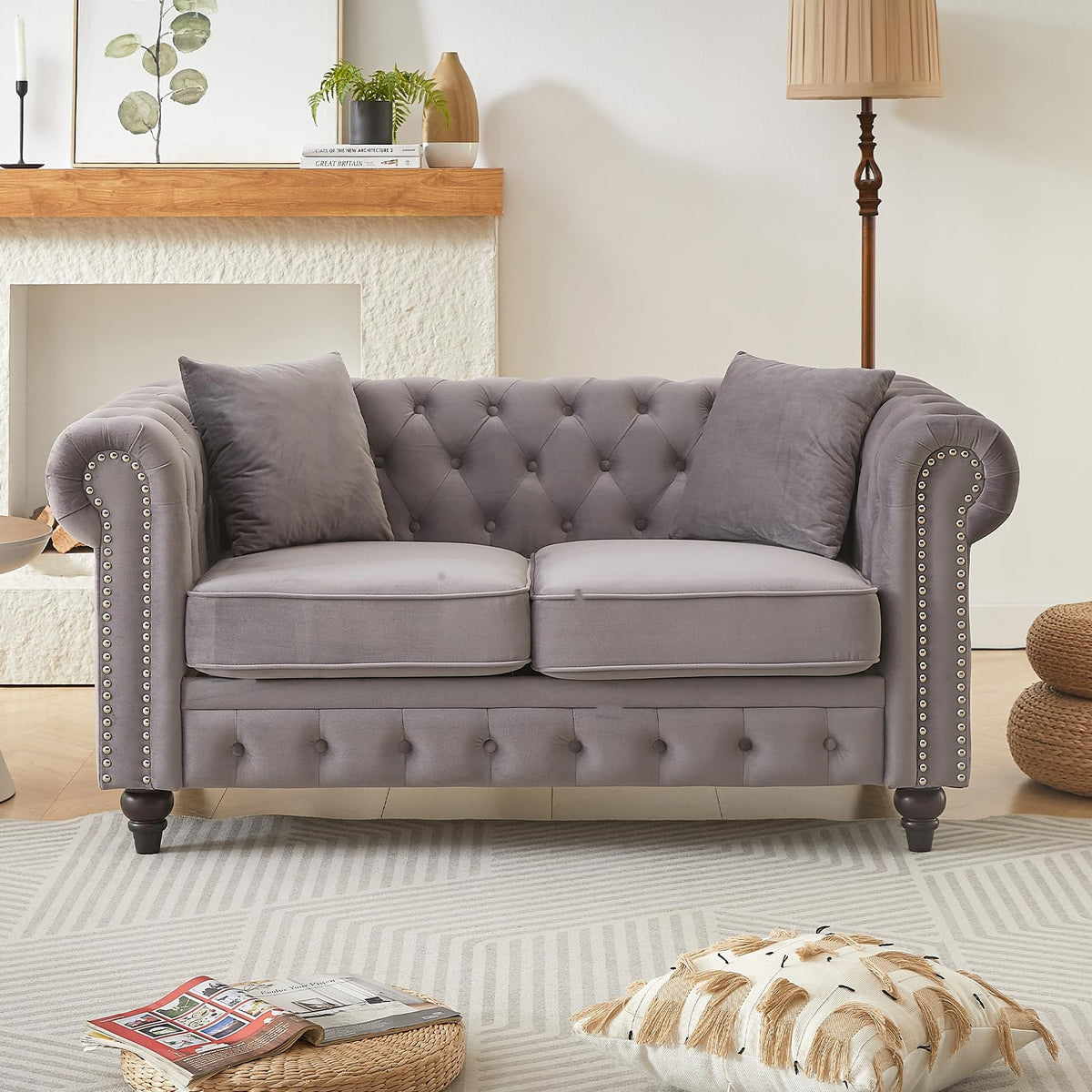 Light Grey Velvet Button Tufted Loveseat Sofa R416