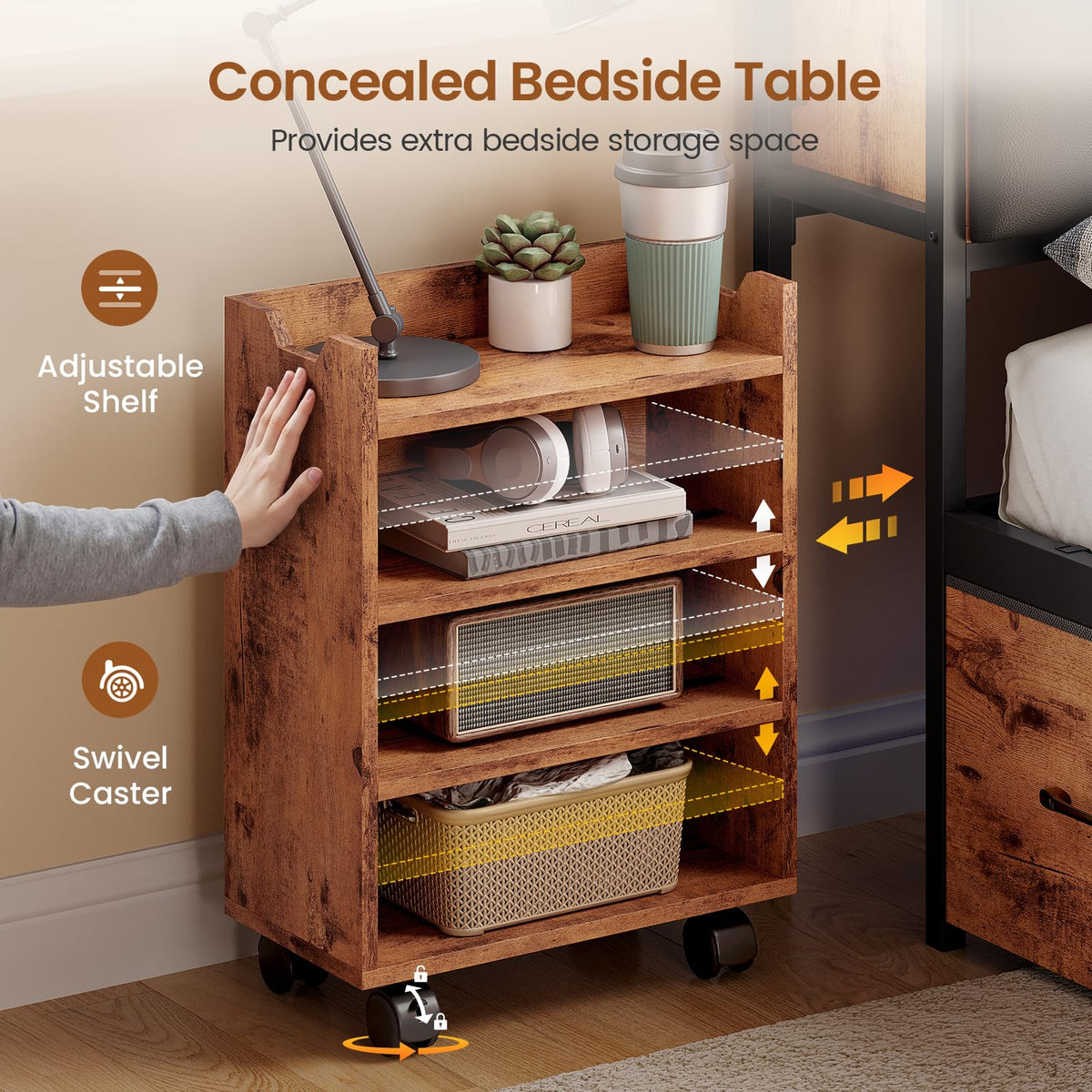 Full Corner Bed Frame with Bookcase Hidden Storage Pull-Out Cabinet Charging Station I233000