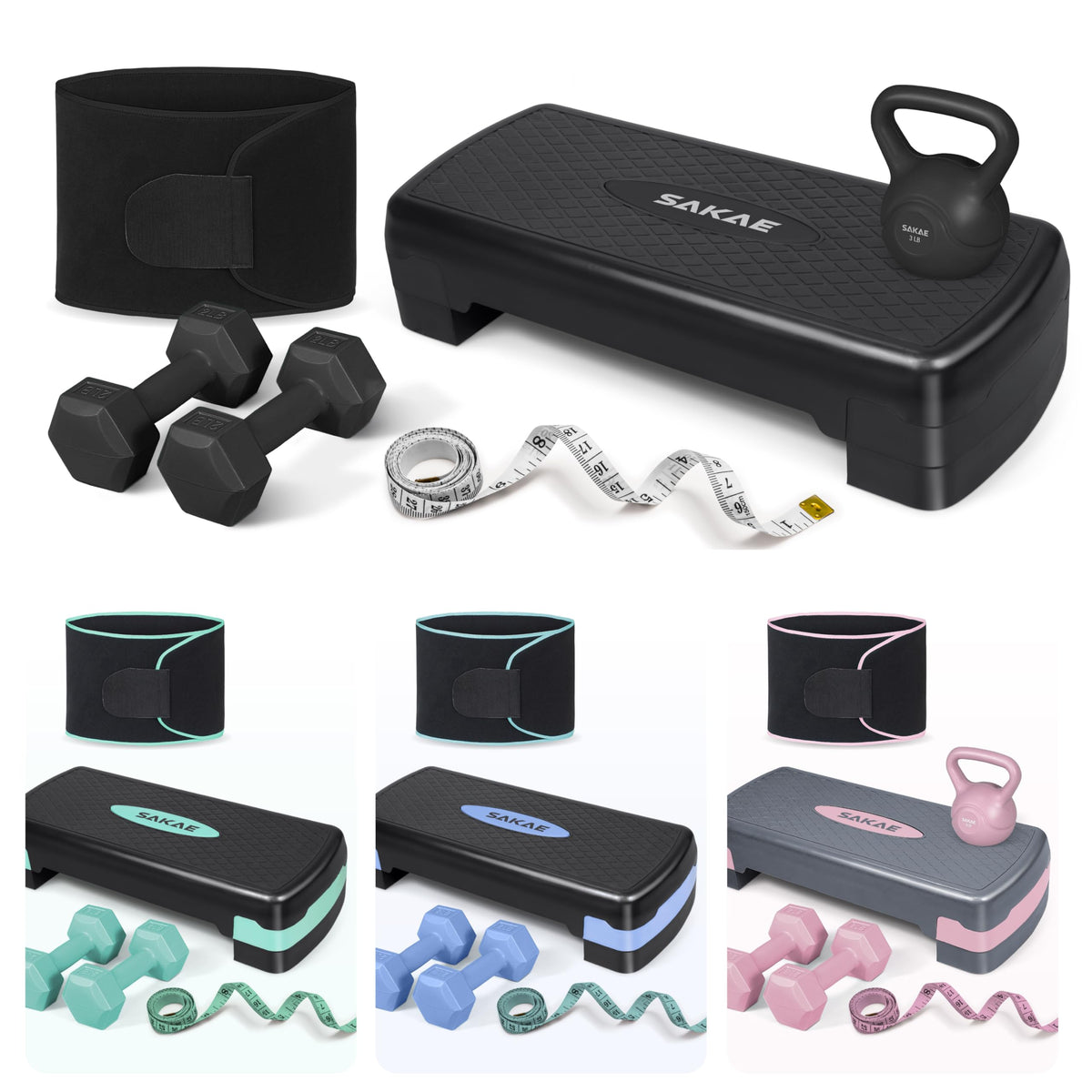 Adjustable Aerobic Stepper Kit with Dumbbells & Kettlebell & Weightlifting Belt & Measuring Tape F4195